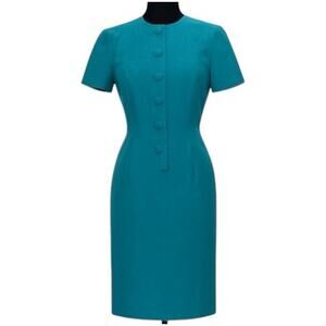 Talbot's VTG 80s Oberon Career Sheath Midi Dress Women's 10 Teal Linen U.S.A NEW
